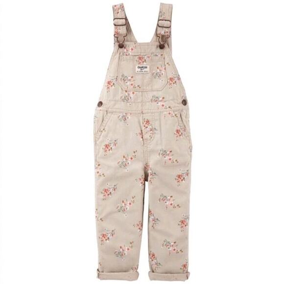 NWT Oshkosh B'Gosh Toddler Girls Beige Floral Print Overalls One Piece Sz 24 Mos - Picture 1 of 5